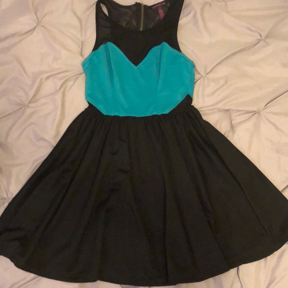 Black and green skater dress. Mesh top.